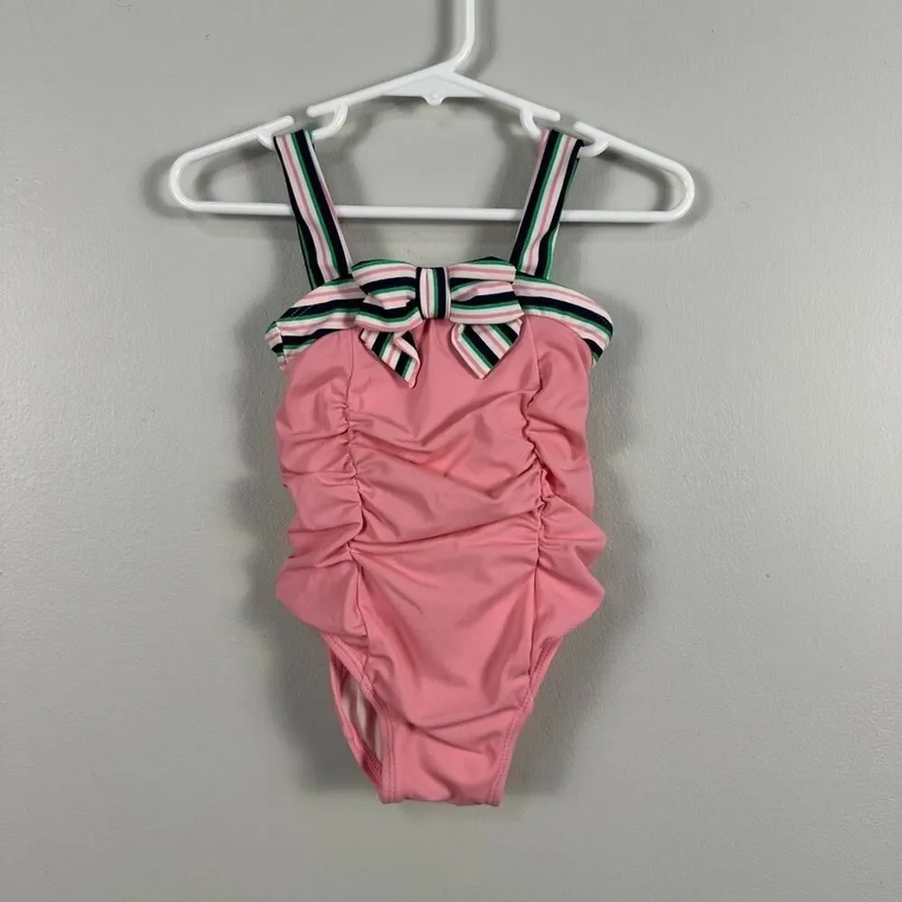 Janie and Jack Girls One Piece Swimsuit Size 6-12 Months Pink Stripe Bow Swim